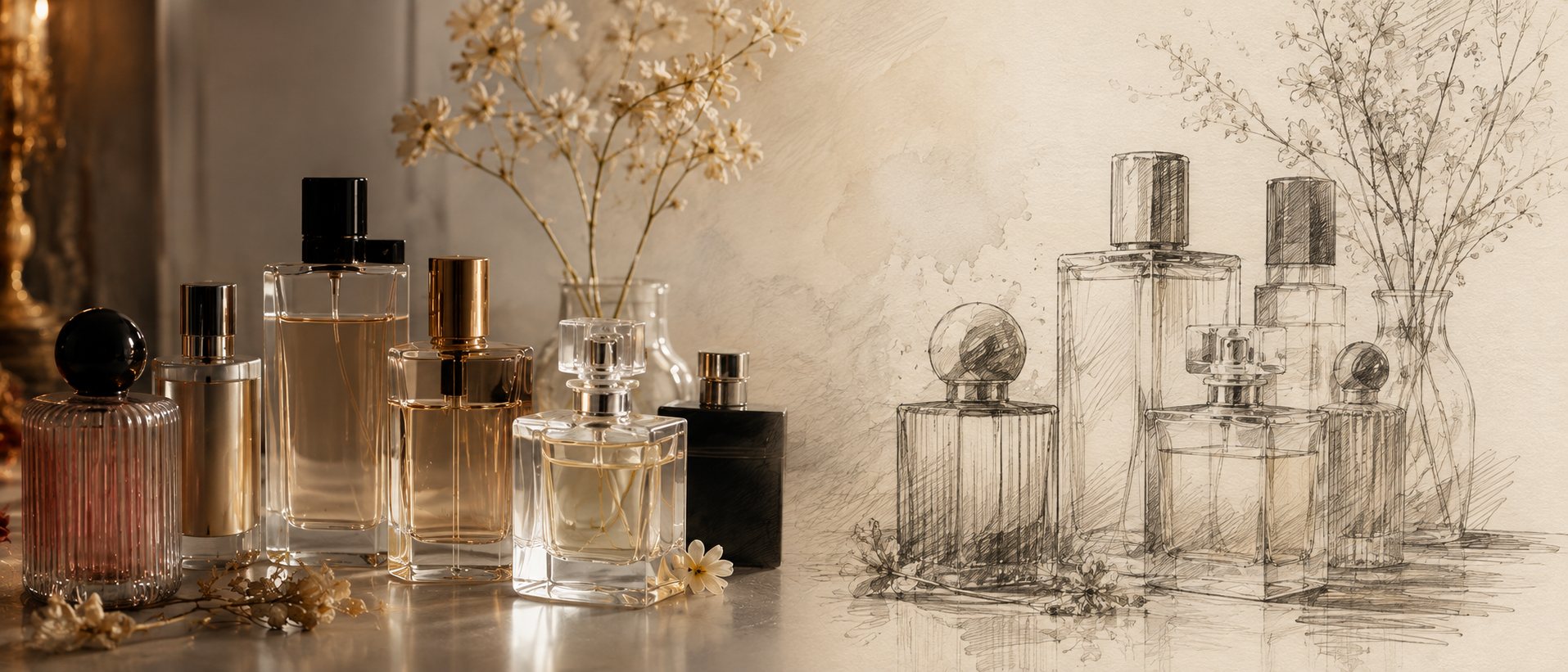 Sticle de parfum printre flori uscate, in stil foto si schita